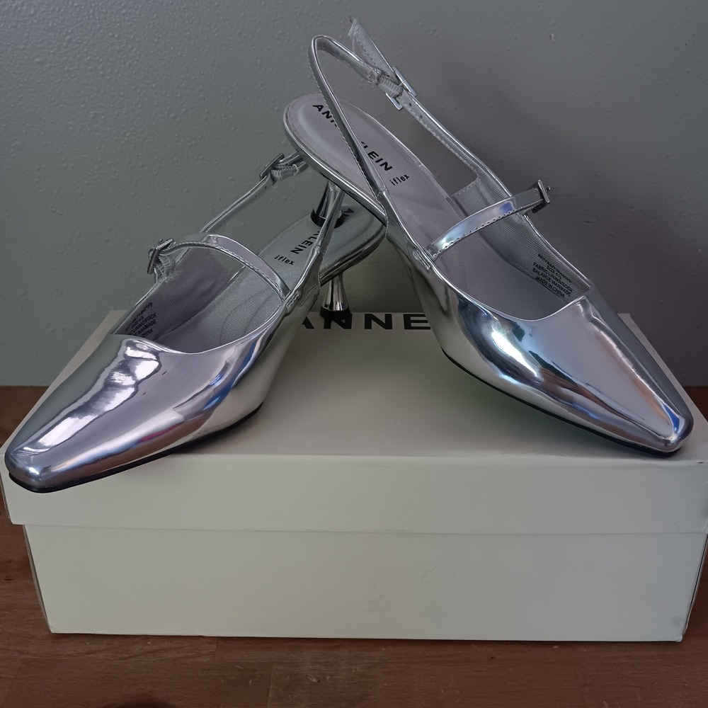 Anne Klein Aktyra Slingback Pumps Womens 5.5 Silver New Metallic Kitten Heels